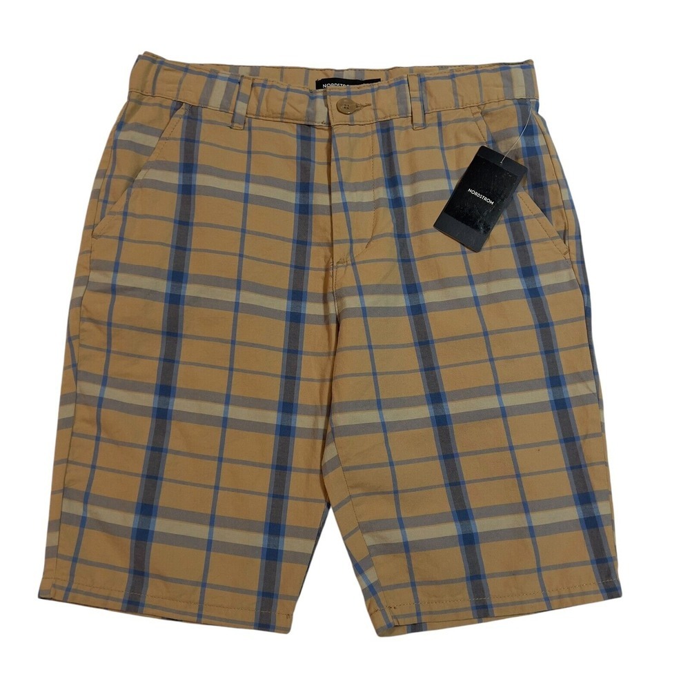 Nordstrom Youth Boy's Shorts Size 16 Khaki & Blue Plaid Casual 100% Cotton
